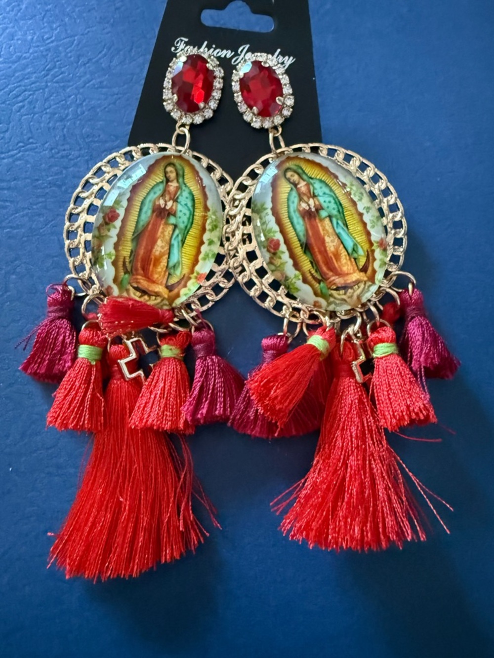 Virgin of Guadalupe Tassel Statement Earrings - Red & Magenta
